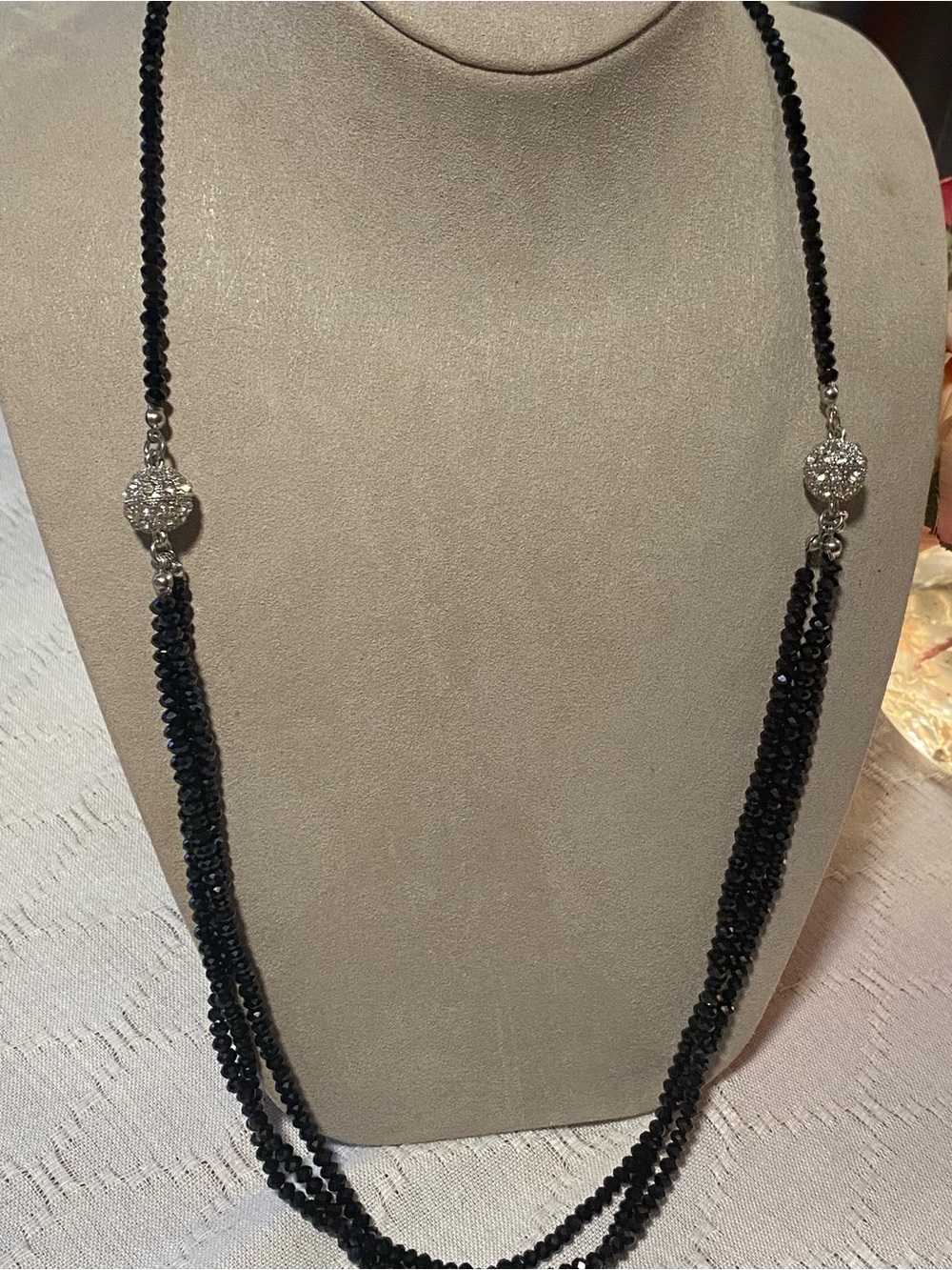 Multi-Strand Black Glass Beaded Necklace with Rhinestone Clasp